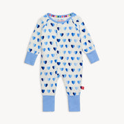 Full view of Magnetic Me Convertible Coverall in Blue XOXO pattern with heart print and blue cuffs