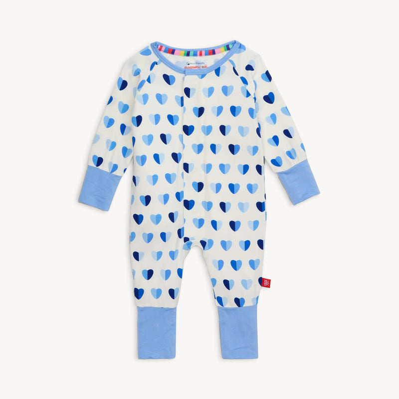 Full view of Magnetic Me Convertible Coverall in Blue XOXO pattern with heart print and blue cuffs