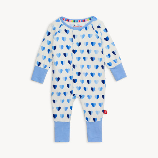 Full view of Magnetic Me Convertible Coverall in Blue XOXO pattern with heart print and blue cuffs