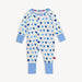 Full view of Magnetic Me Convertible Coverall in Blue XOXO pattern with heart print and blue cuffs