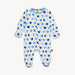 Full view of Magnetic Me Footie in Blue XOXO print with blue cuffs and allover heart design