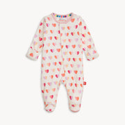 Full view of Magnetic Me Footie in Pink XOXO print with pink cuffs and allover heart pattern