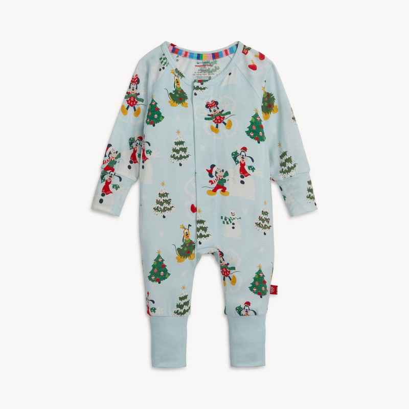 Baby onesie with Christmas-themed  minnie and mickey design on a white background