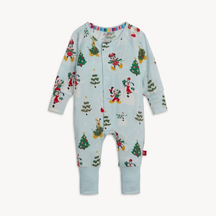 Baby onesie with Christmas-themed  minnie and mickey design on a white background