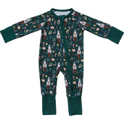 green nutcracker bamboo coverall with diagonal zipper on white background