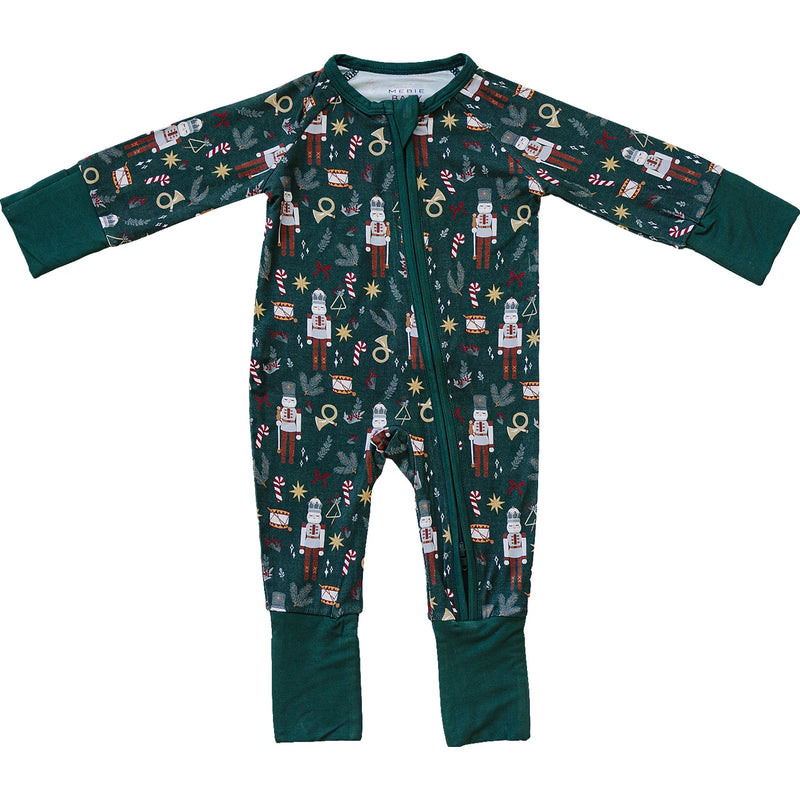 green nutcracker bamboo coverall with diagonal zipper on white background