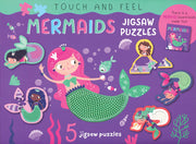 Mermaids Touch and Feel Jigsaw Puzzle set showing five small mermaid-themed puzzles and tactile pieces inside the box