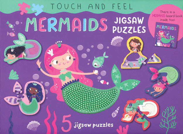 Mermaids Touch and Feel Jigsaw Puzzle set showing five small mermaid-themed puzzles and tactile pieces inside the box
