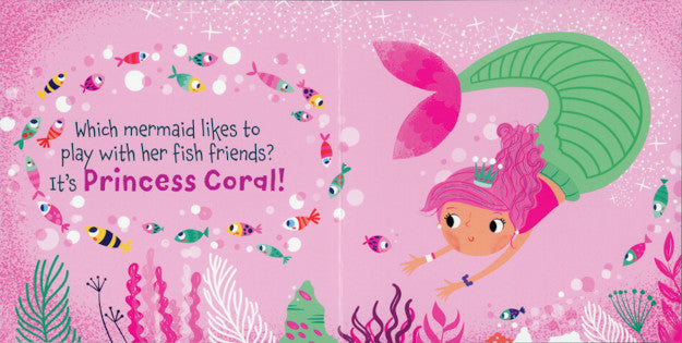 Interior spread of the Mermaids Touch and Feel board book with bright pink and ocean-themed illustrations