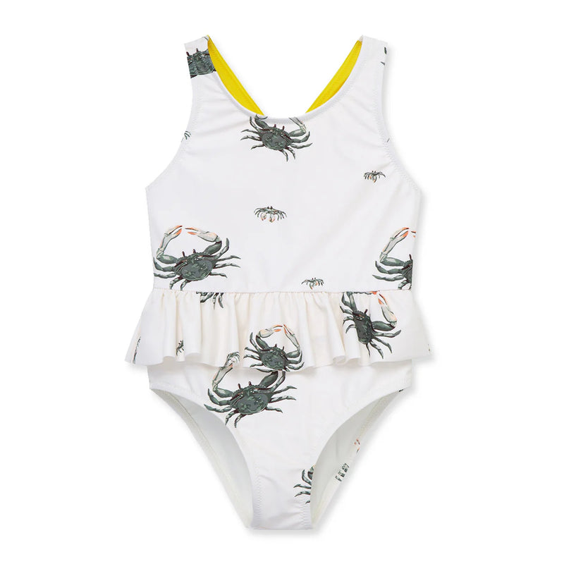 Children's swimsuit with crab pattern on a white background