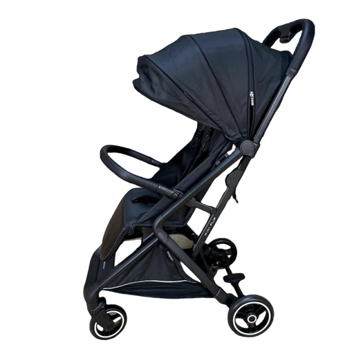 Black stroller with folded canopy on a transparent background