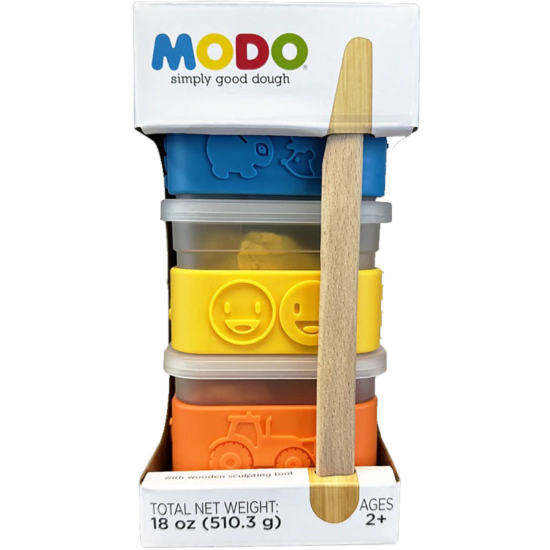 Colorful dough set with containers and a wooden tool, branded 'MODO'.