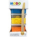Colorful dough set with containers and a wooden tool, branded 'MODO'.
