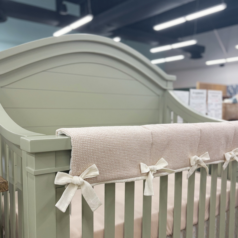 Custom Bedding | Crib Rail Cover | Monroe Blush w/ Sweet Linen Off White Square Knot Ties | Floor Model