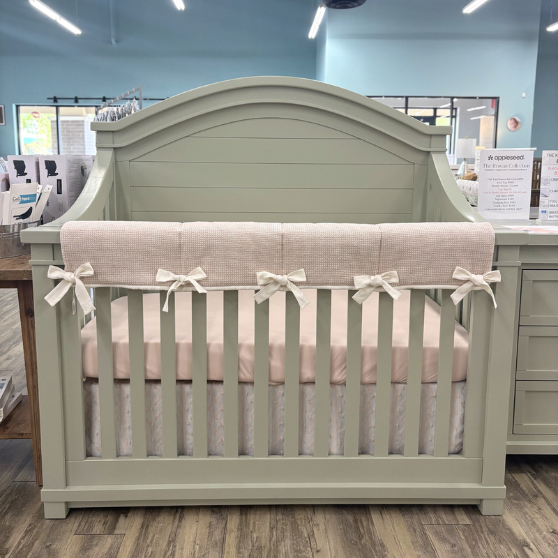 Custom Bedding | Crib Rail Cover | Monroe Blush w/ Sweet Linen Off White Square Knot Ties | Floor Model