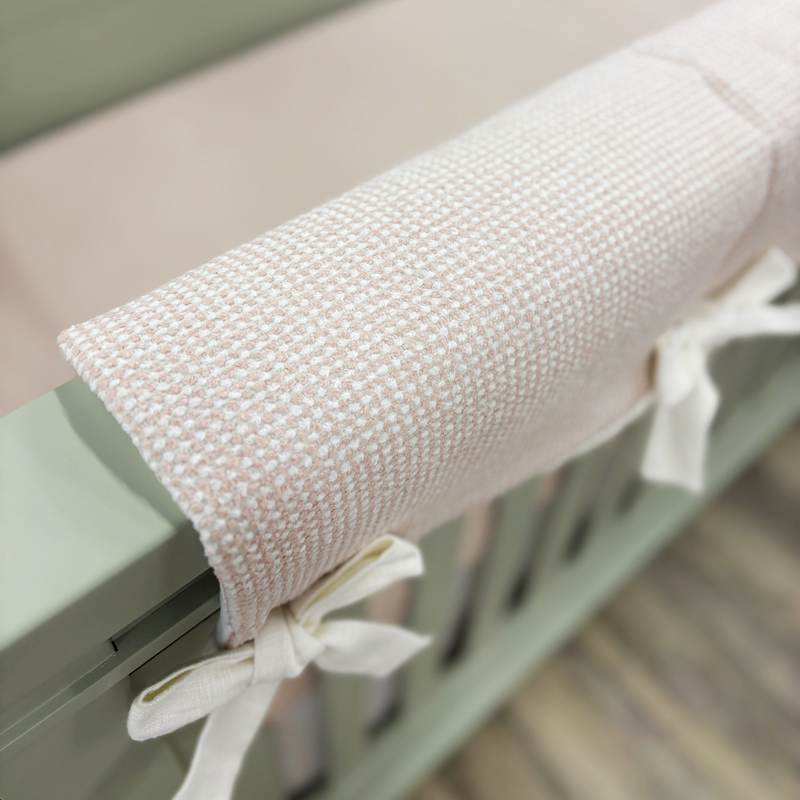 Custom Bedding | Crib Rail Cover | Monroe Blush w/ Sweet Linen Off White Square Knot Ties | Floor Model