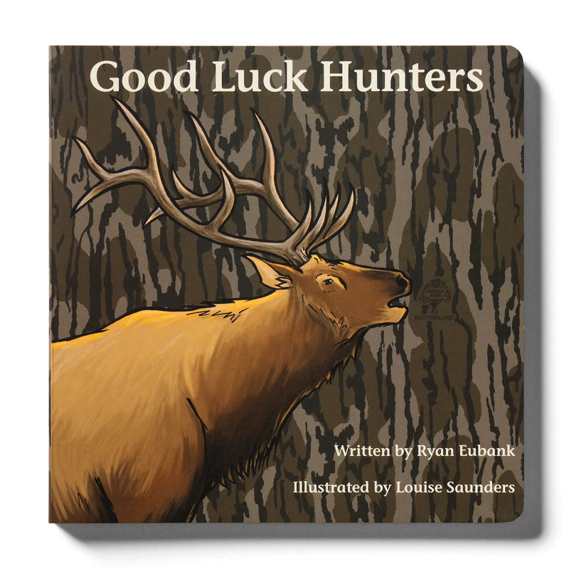 Book cover of 'Good Luck Hunters' with a deer illustration on a camouflage background