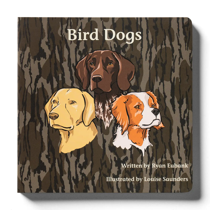 Book cover of 'Bird Dogs' with illustrations of three dogs on a tree bark background