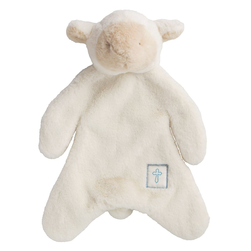 Mud Pie Lamb plush woobie lovey in ivory with blue embroidered cross patch