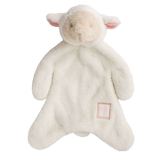 Mud Pie Lamb plush woobie lovey in ivory with pink ears and pink embroidered cross patch