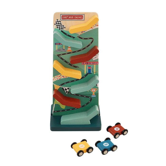 mud pie wooden race car sliding track with four flip cars on white background
