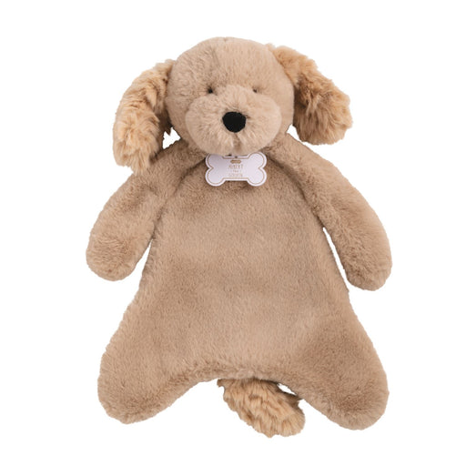 Beige plush dog toy with a bone-shaped tag on a white background