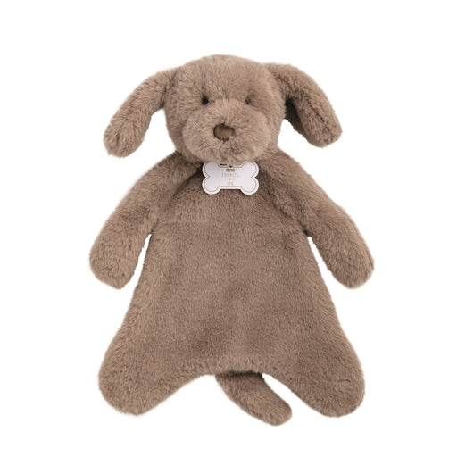 Brown plush dog toy with a bone tag on a white background