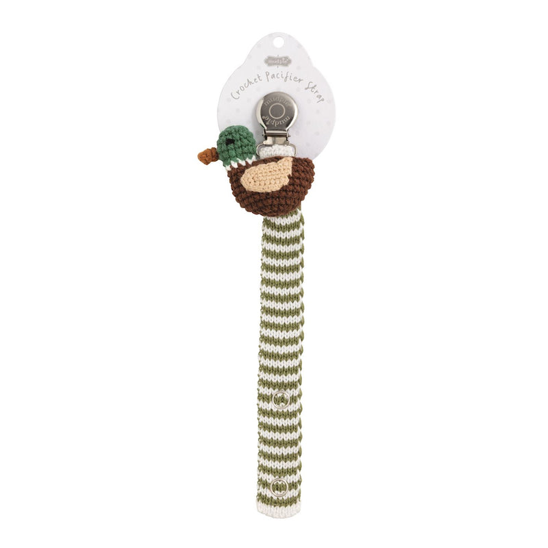 Paci clip with striped handle and mallard duck design on a white background