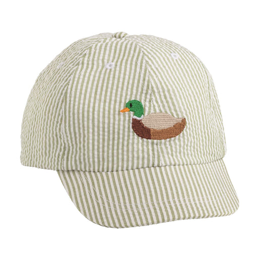 Green and white striped cap with a duck embroidery on a white background