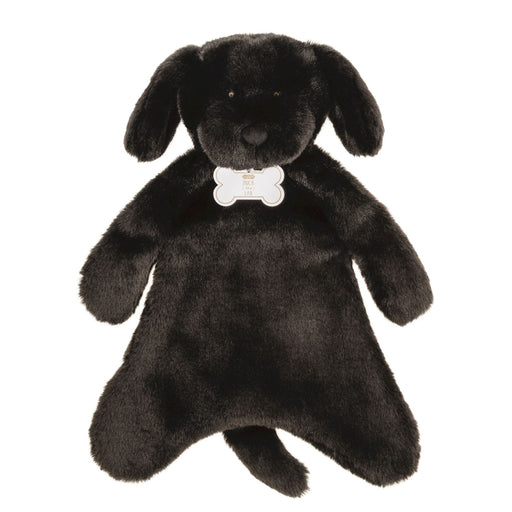 Black plush dog toy with a bone-shaped tag on a white background