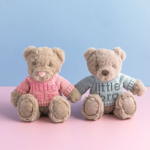 Two teddy bears, one in a pink sweater and the other in a gray sweater with text, on a pink and blue gradient background.