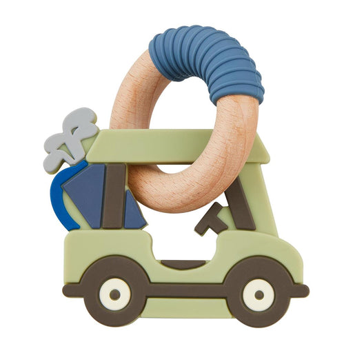 silicone toy golf cart teether with a blue ring on a white background