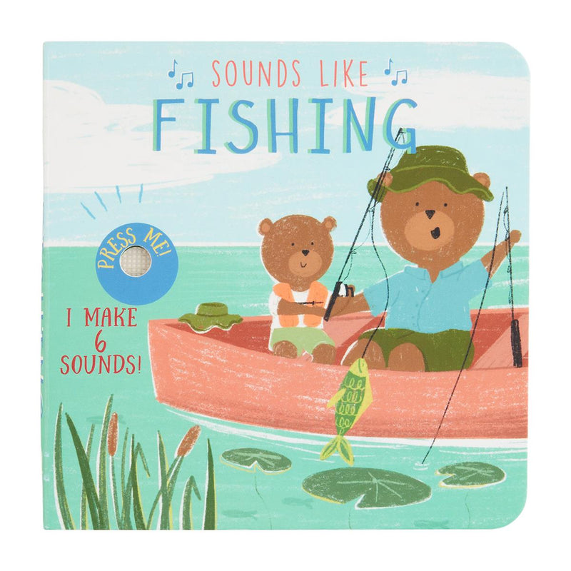 Children's book cover with two bears fishing in a boat, featuring sound buttons.