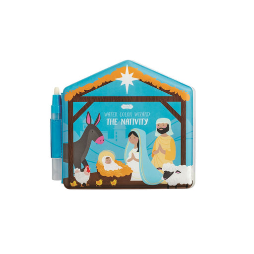 Mud Pie Water Wizard Nativity vinyl coloring book shaped like a manger, with Mary, Joseph and baby Jesus