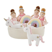 Group image featuring all four Mud Pie knit rattles—Princesses, Unicorn, and Rainbow—displayed in a soft neutral basket.