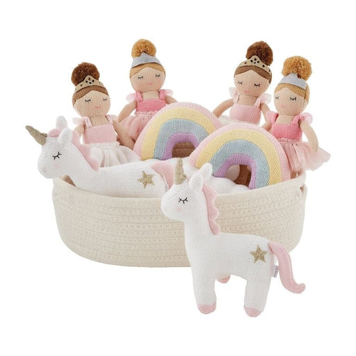 Group image featuring all four Mud Pie knit rattles—Princesses, Unicorn, and Rainbow—displayed in a soft neutral basket.