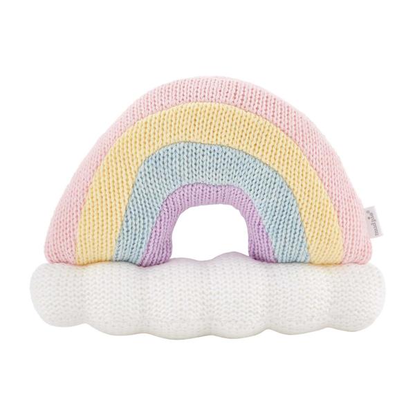 Knitted rainbow toy with a white cloud base on a white background