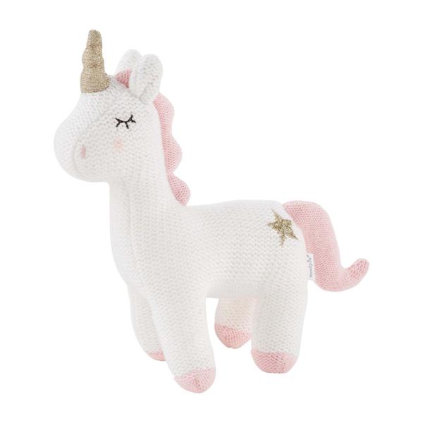 White unicorn plush toy with pink accents on a white background