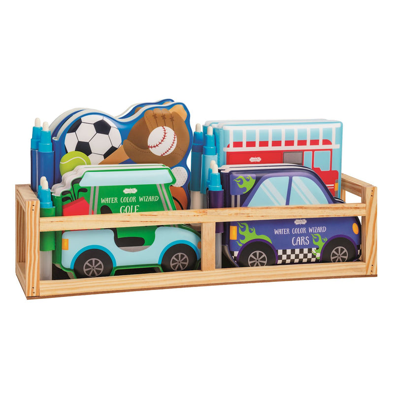 Mud Pie Water Wizard vinyl coloring books for boys in a wooden display, with Sports, Cars, Golf and Fire Engine designs