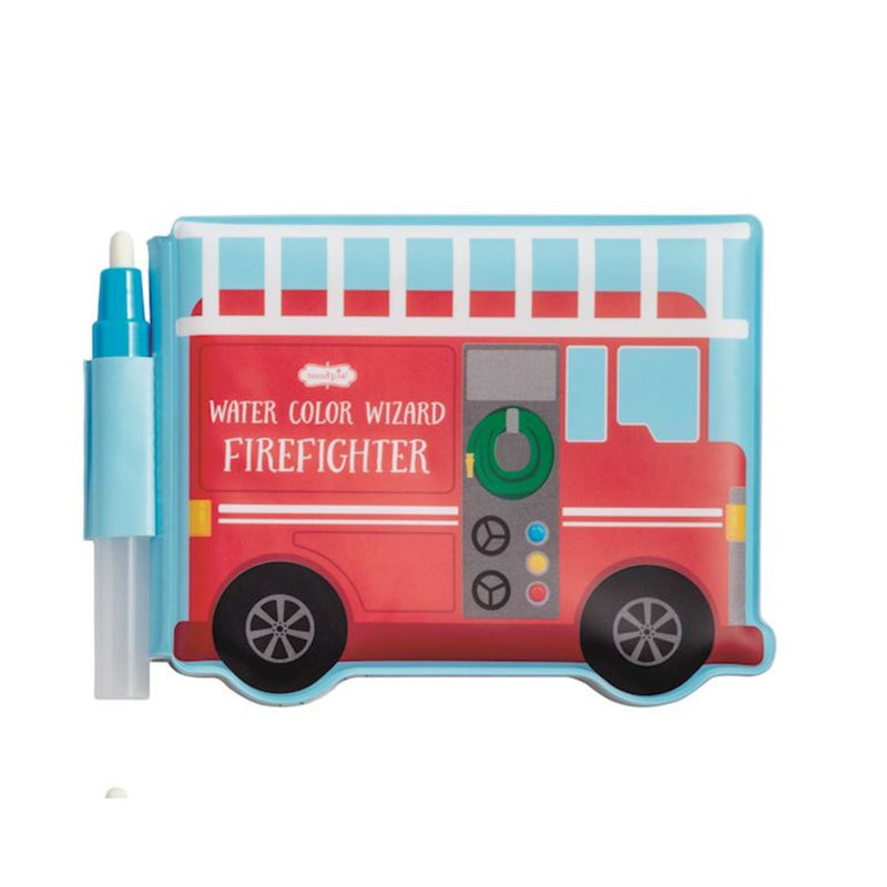 Mud Pie Water Wizard Fire Engine vinyl coloring book shaped like a red fire truck, with water pen
