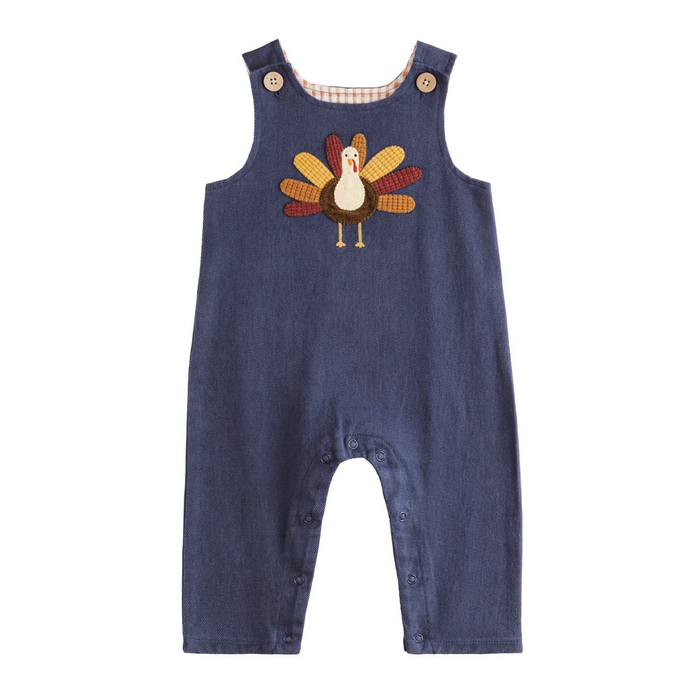 Blue overalls with a turkey design on a white background