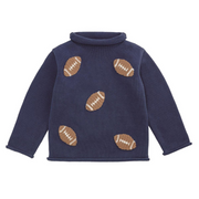 navy blue baby roll neck sweater with knitted footballs