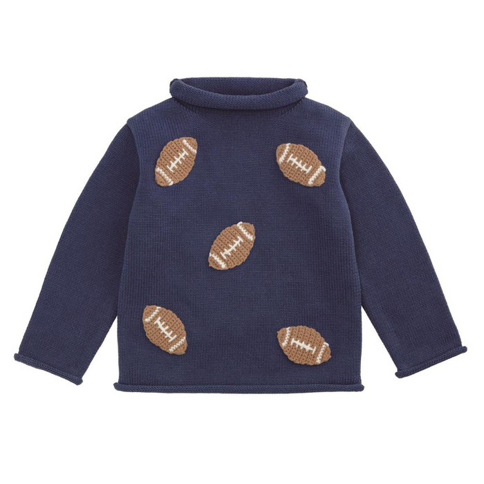 navy blue baby roll neck sweater with knitted footballs