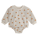 Beige baby onesie with orange pumpkin pattern on a white background