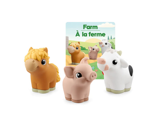 What’s in the Farm Set showing cow, pig, and horse soft-tonies with packaging