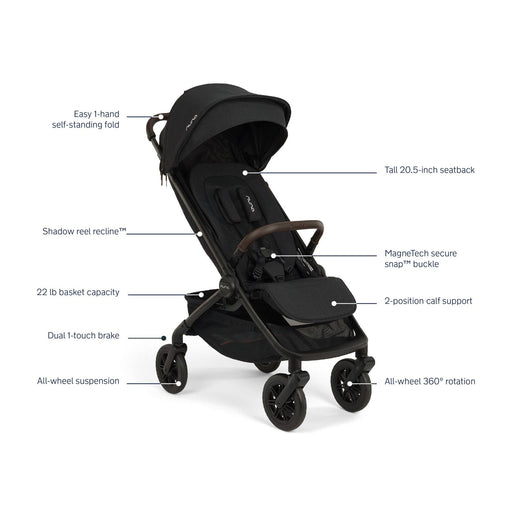 Nuna TRVL 360 Stroller in Caviar, with feature callouts