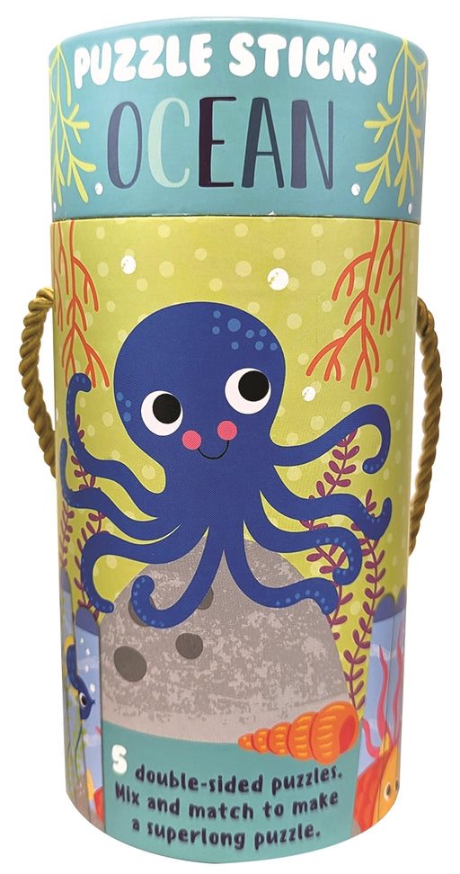 Puzzle sticks packaging with an octopus design on a colorful background
