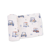 Two baby blankets with golf cart pattern on a white background
