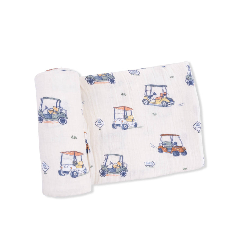Two baby blankets with golf cart pattern on a white background