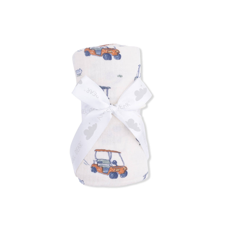 Baby swaddle with vehicle pattern on a white background